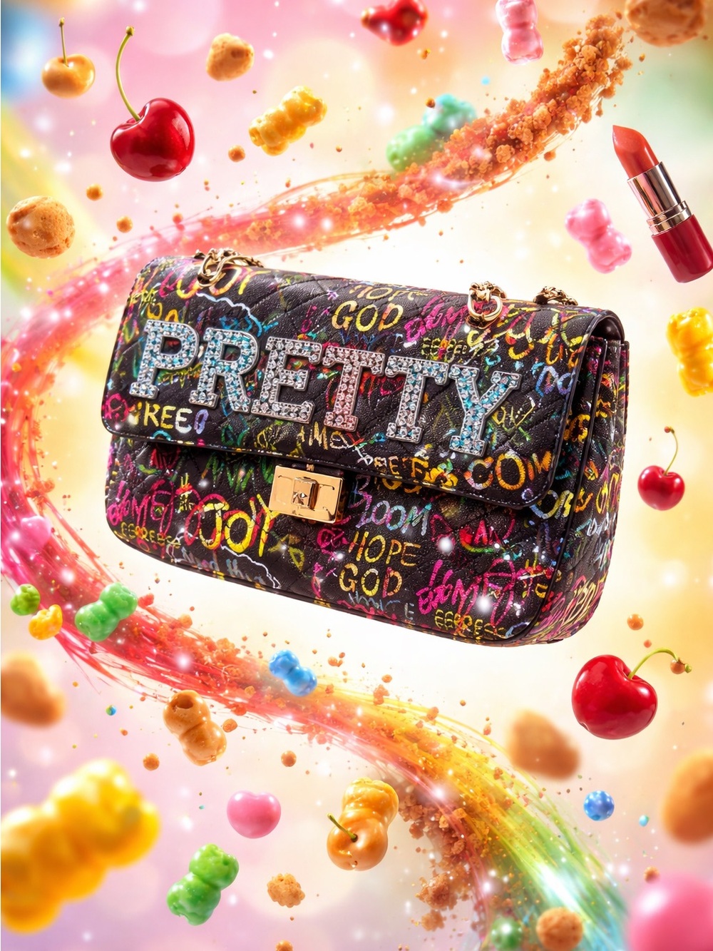 Large Size Quilted Graffiti Bag with Crystal-Stone Word PRETTY